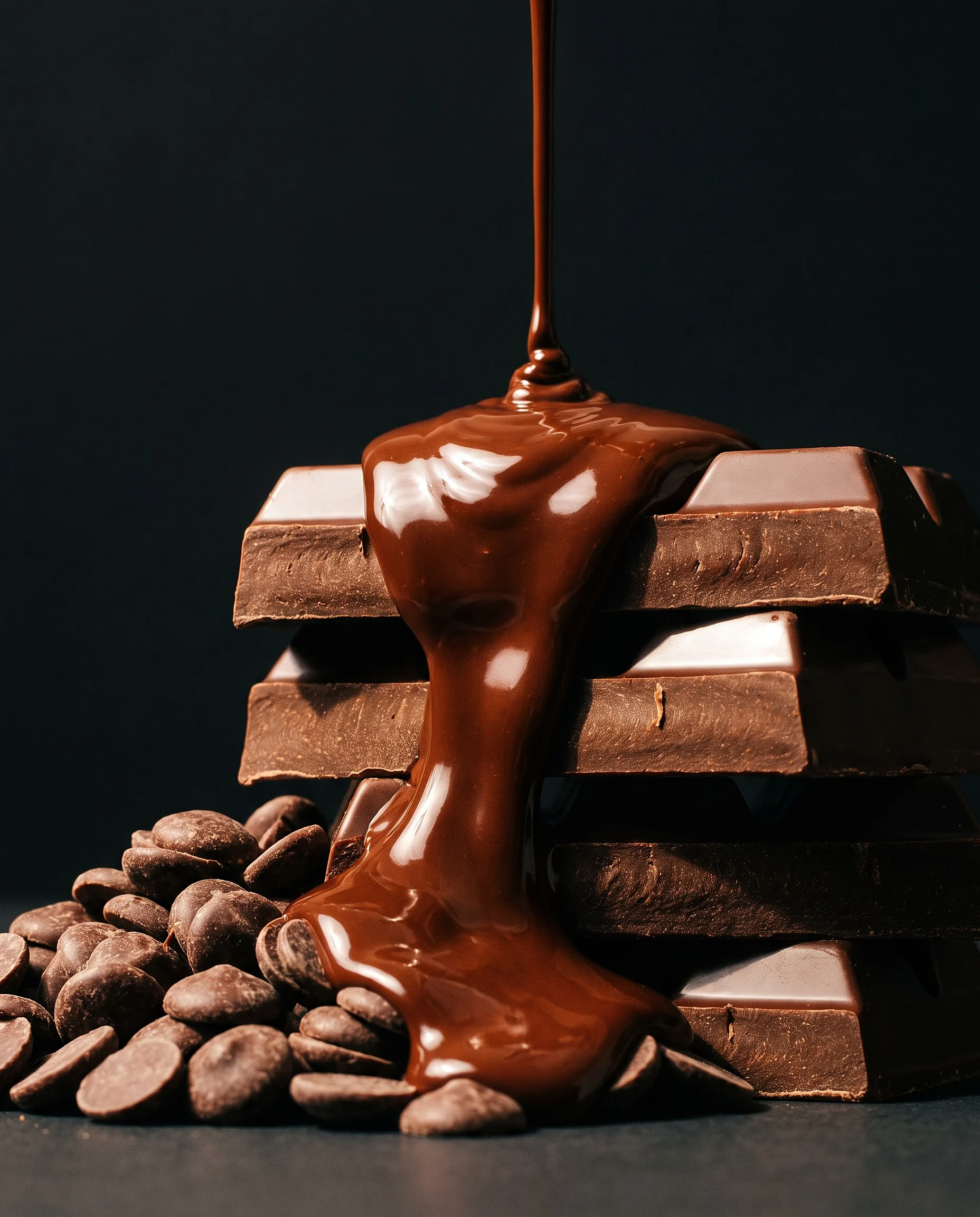 Chocolate derretido sobre blocos e gotas
